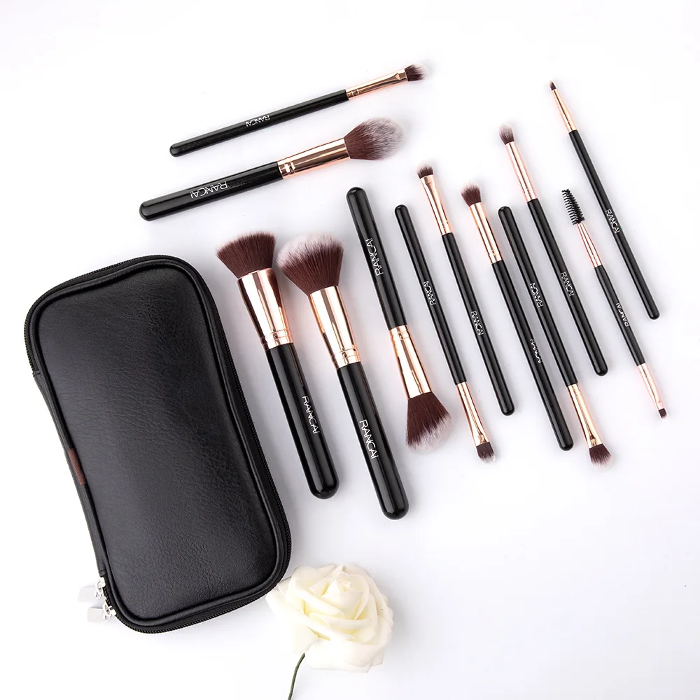 Wholesale Nylon Wooden Handle Portable Makeup Brush Set Custom Logo Luxury Vegan Black Makeup Brushes With Case