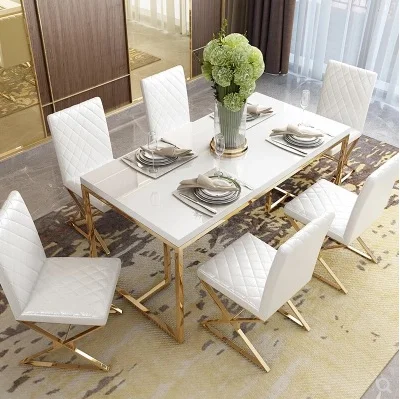 Postmodern Fancy Golden Stainless Steel Tempered Glass Top Lacquered Dinner Table