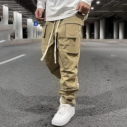 Fashion Nylon Men Streetwear Casual Drawstring Wide Leg Stock Multi Pockets Cargo Pants