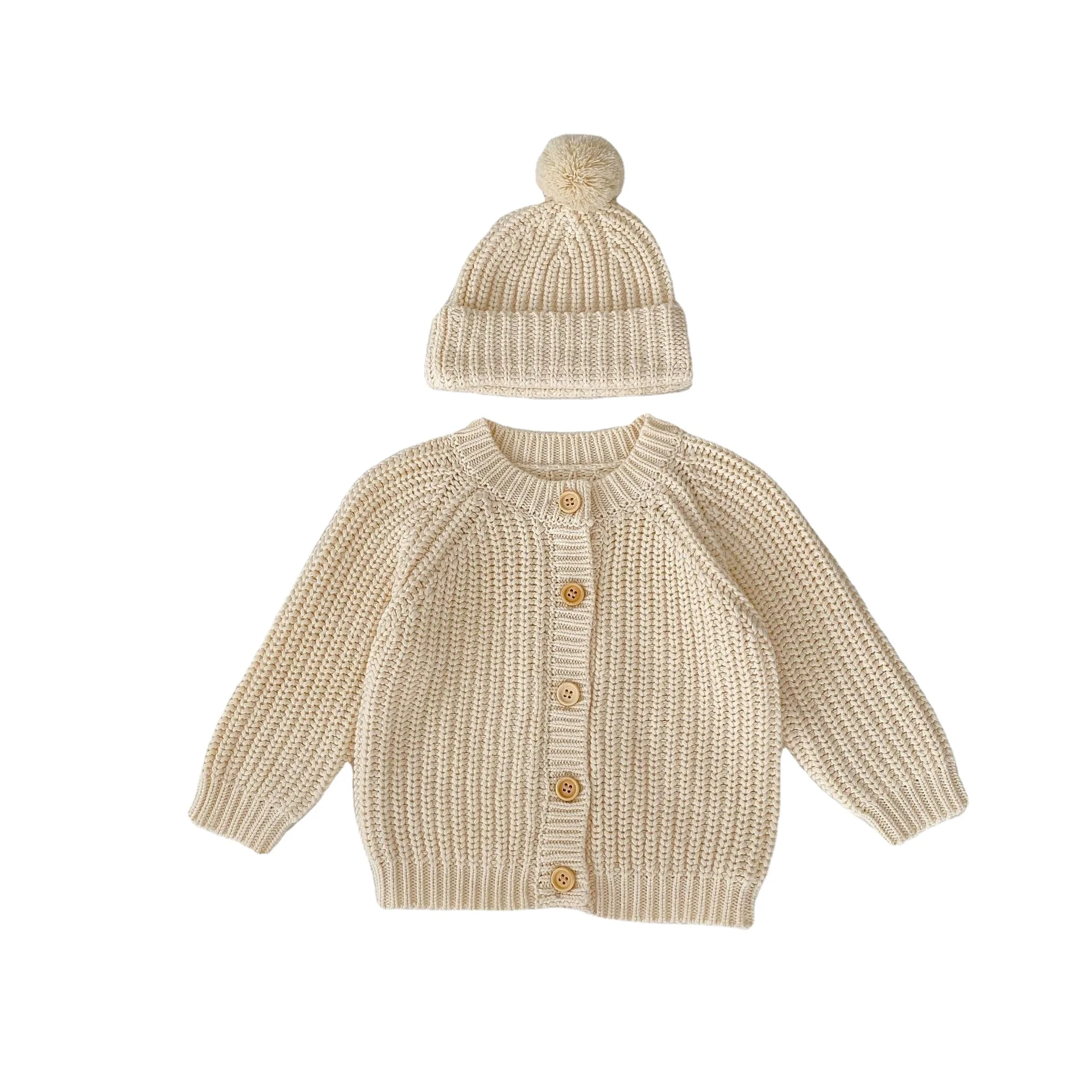 Cotton Cable Knitted Baby Sweater Baby Girl Cardigans with Poms Beanie Set