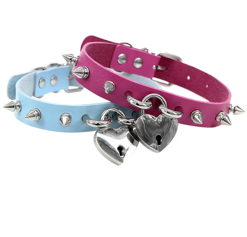 Sticker Lock love pendant necklace rivet choker Collar leather Heart Necklace with key Fashion statement rock hiphop jewelry