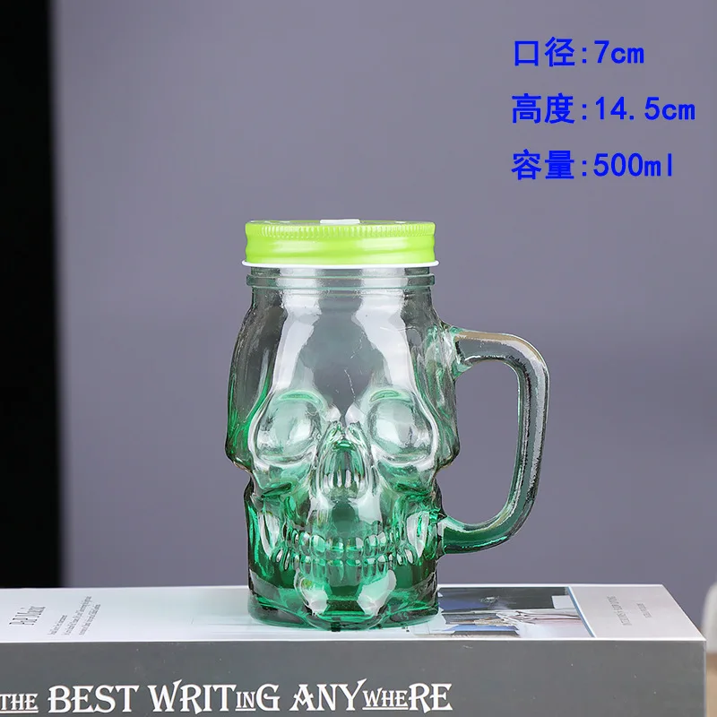 Wholesale 500ml transparent square skeleton glass with handle cock cup with handle straw Mugs With Straws