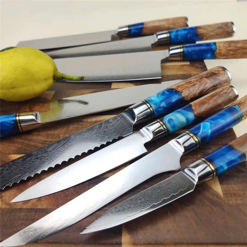 
Dropshipping Hot Selling 67 Layers Damascus Steel Kitchen Chef santoku slicing bread cleaver butcher utility paring Knife Set 