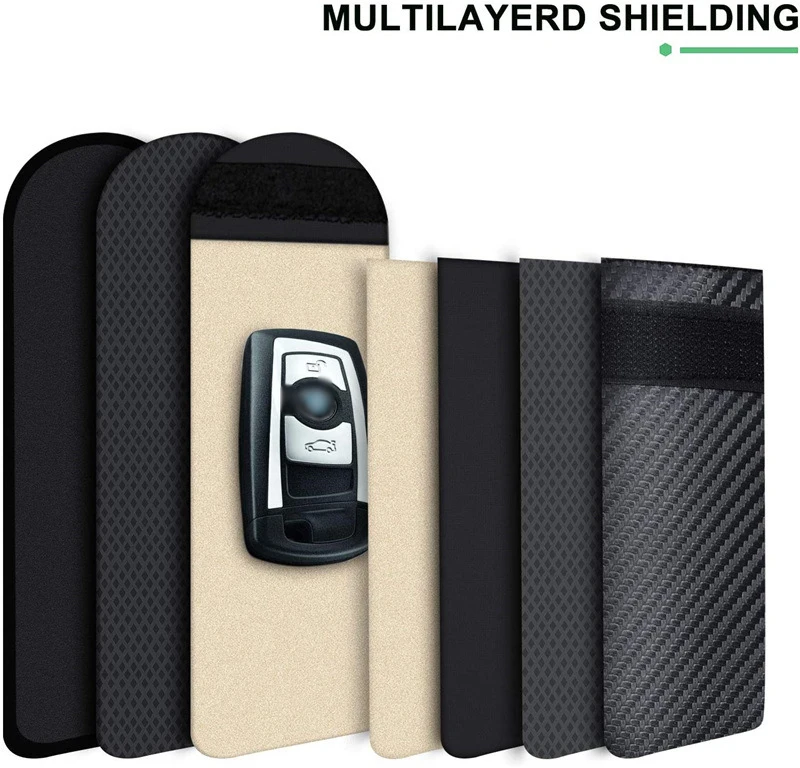 Carbon Fiber Leather RFID Car Key Signals Blocker Case With Key Hook Keyless Car Theft Pouch Faraday Bag