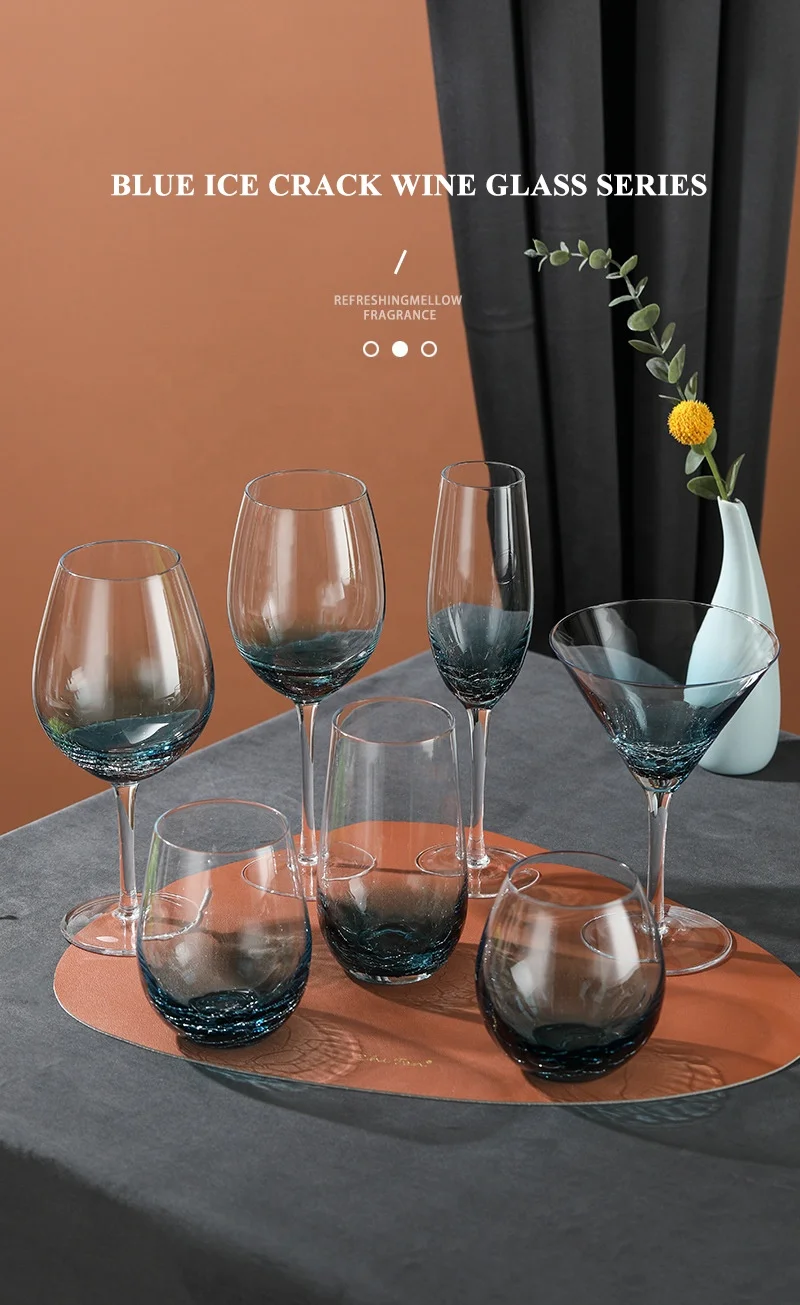 Handmade Blue Stemless Crackle Wine Glasses Cups Large Crystal Red Wine Tumblers Aesthetics Glassware