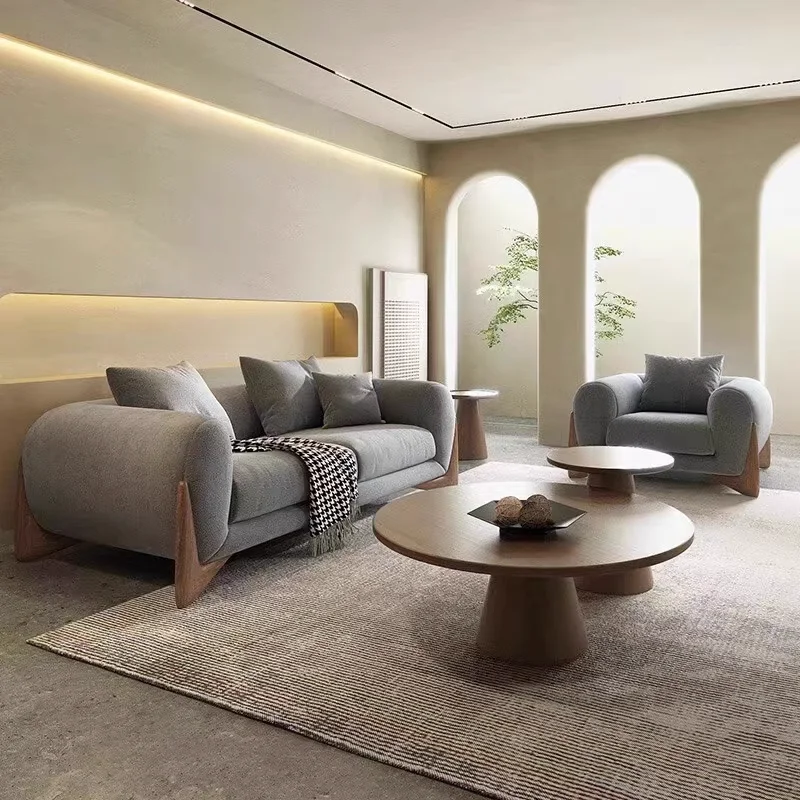 Modern fashion small apartment leisure furniture solid wood sofa white cream cloth art teddy wool circle cashmere sofa