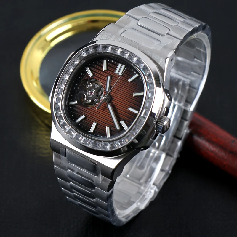 MINUTETIME DIY Logo NH38 Watch Mechanical Watches Steel Automatic Movement NH38 Brown Dial 3ATM Sapphire Diamond Jewelry Crystal