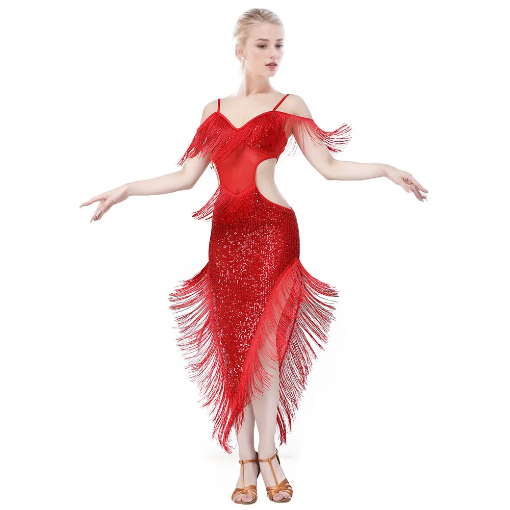 Newest  Elegant Sexy suspender sequin with fringe suspender latin dance professional Competition performance dress for women