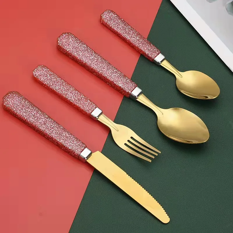 Luxury Custom Logo Plastic Handle Stainless Steel Reusable Cutlery Sets Spoon Knife Fork Set For Camping Dinnerware