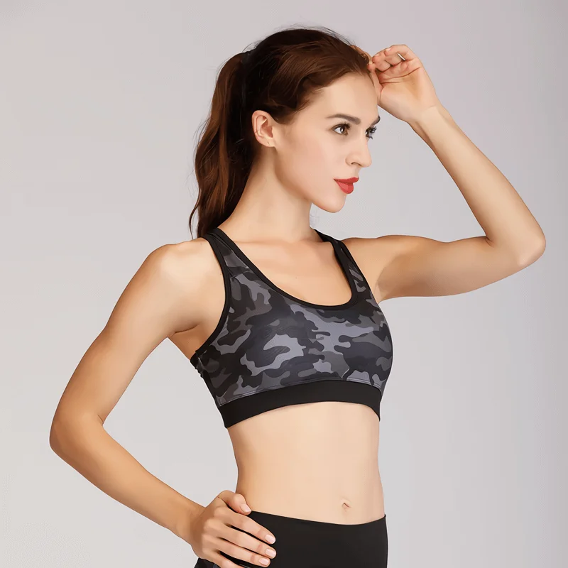 Camo Print Workout Black Seamless Nylon High Covering Chested Women Sexy Fitness Sports Yoga Strap Bra Tops Gym Clothing