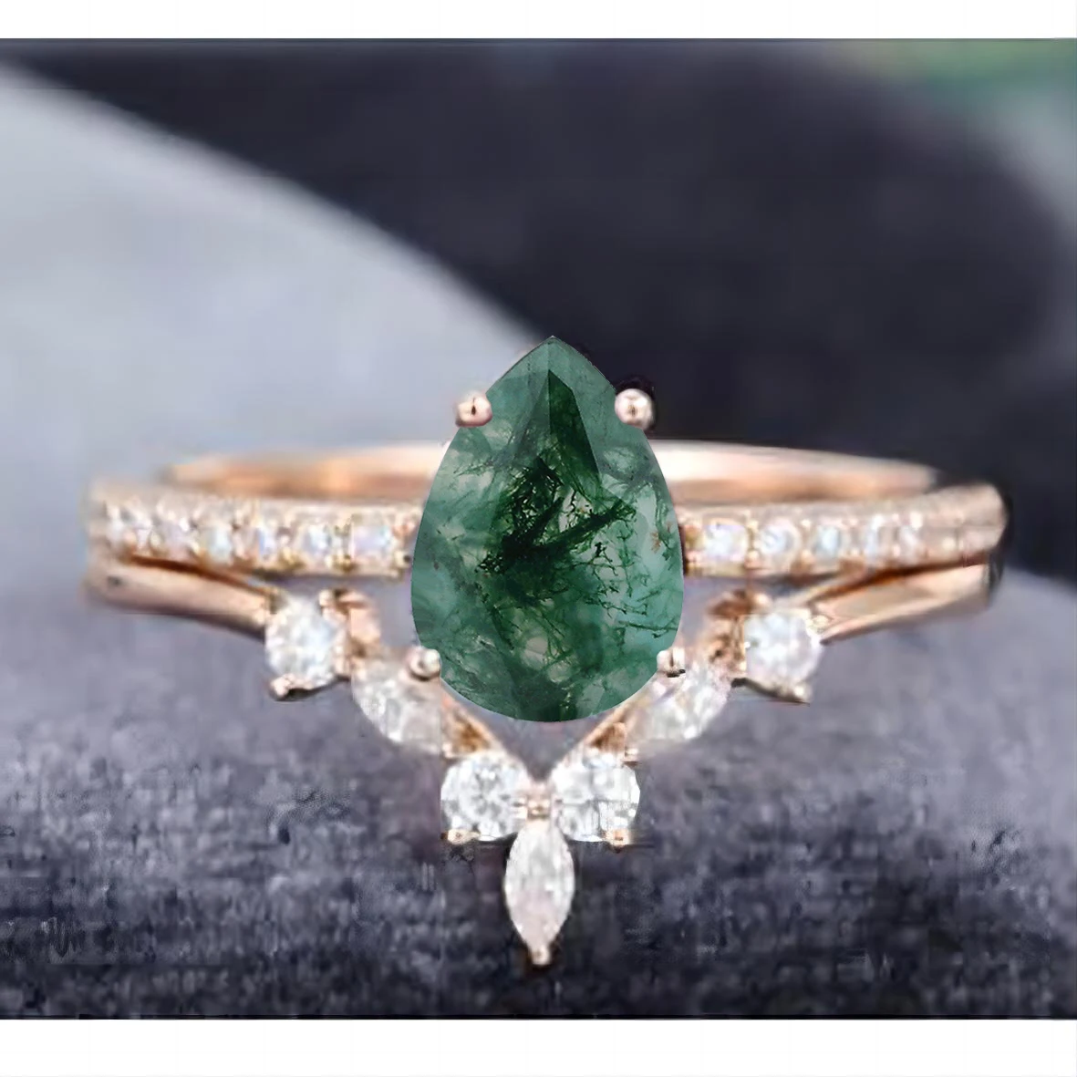 Pear Cut Moss Agate Vintage Engagement Ring Set Sterling Silver Ring With Band