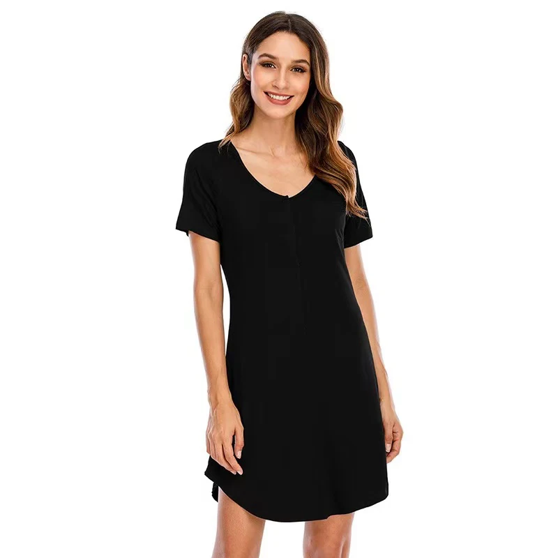 American hot selling women nightdress V neck solid viscose sleep dress ladies short sleeve soft nightgown sleepwear