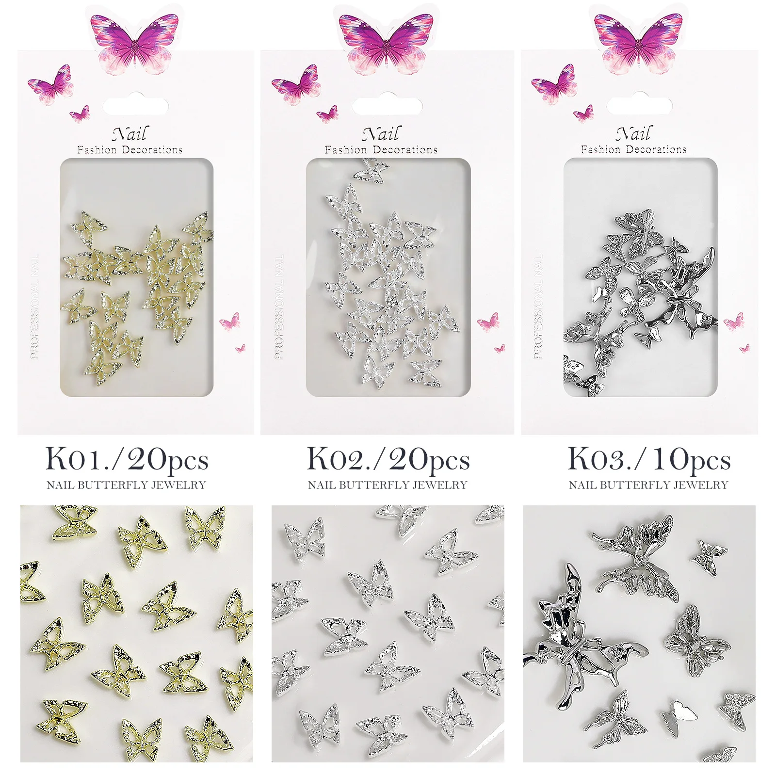 20-Piece Luxury Manicure Accessory Set Silver Alloy Large Butterfly Wings Bow Metal Nail Diamonds Crystal Style DIY Boxed