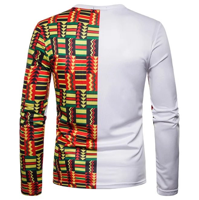 New Fall Ethnic Costume Tops Wear Clothes 3D Printed Plus Size Round Neck Long Sleeved White Africa Men T-shirt