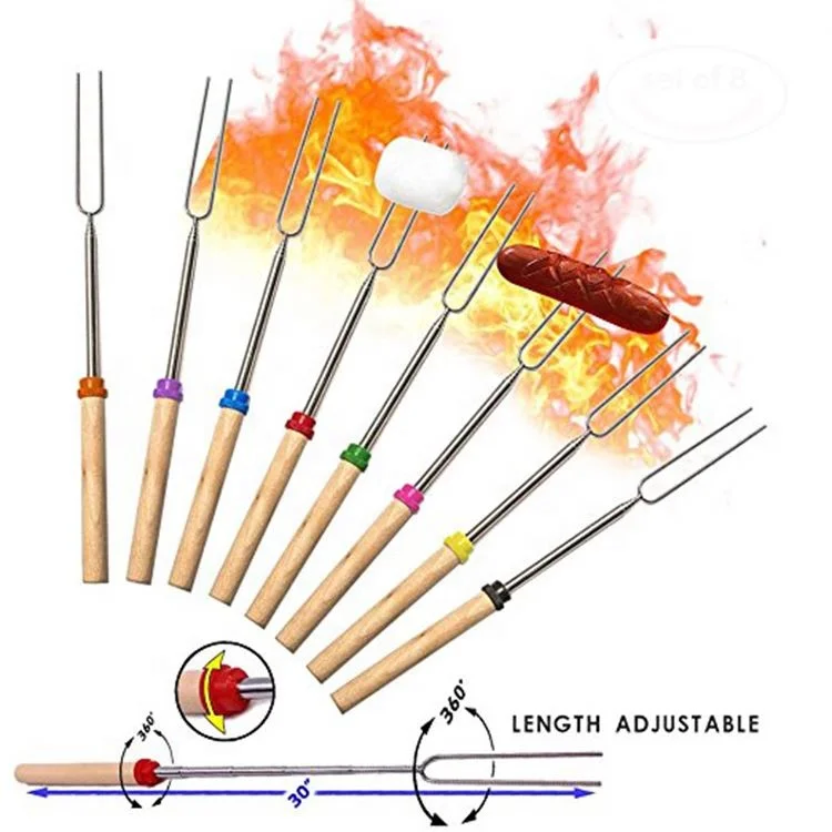Amazon Hot Selling 8 Color Wood Handle  BBQ skewers Stainless Steel BBQ Stick Telescoping  Roasting Sticks