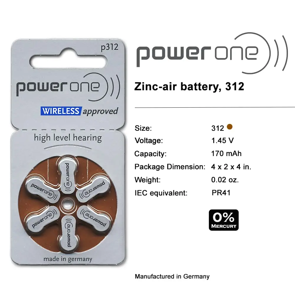 Hearing Aid Batteries Power One Size 312 Zinc Air Hearing Aid Batteries