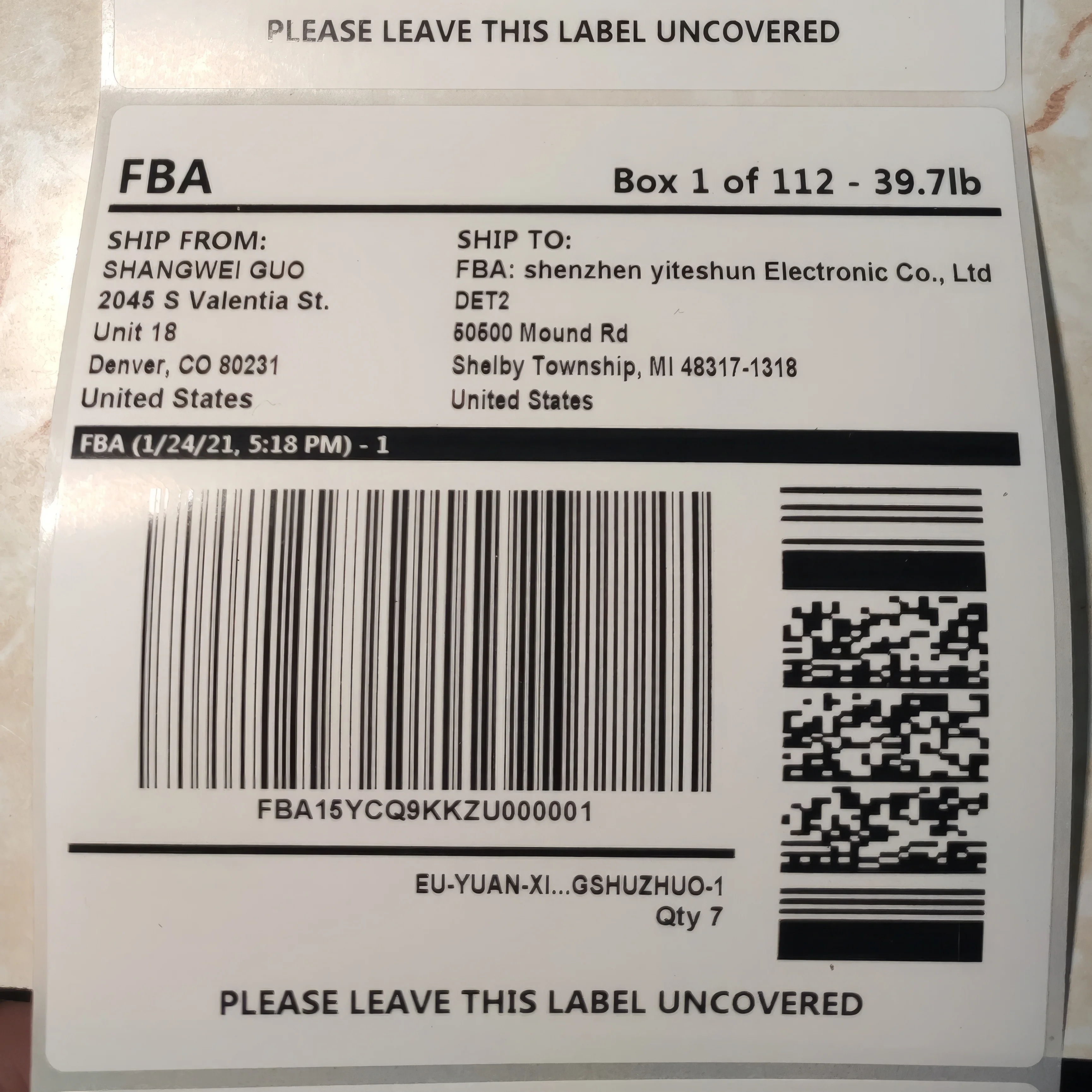 Outer box box mark sku sticker warehouse barcode serial number label printing