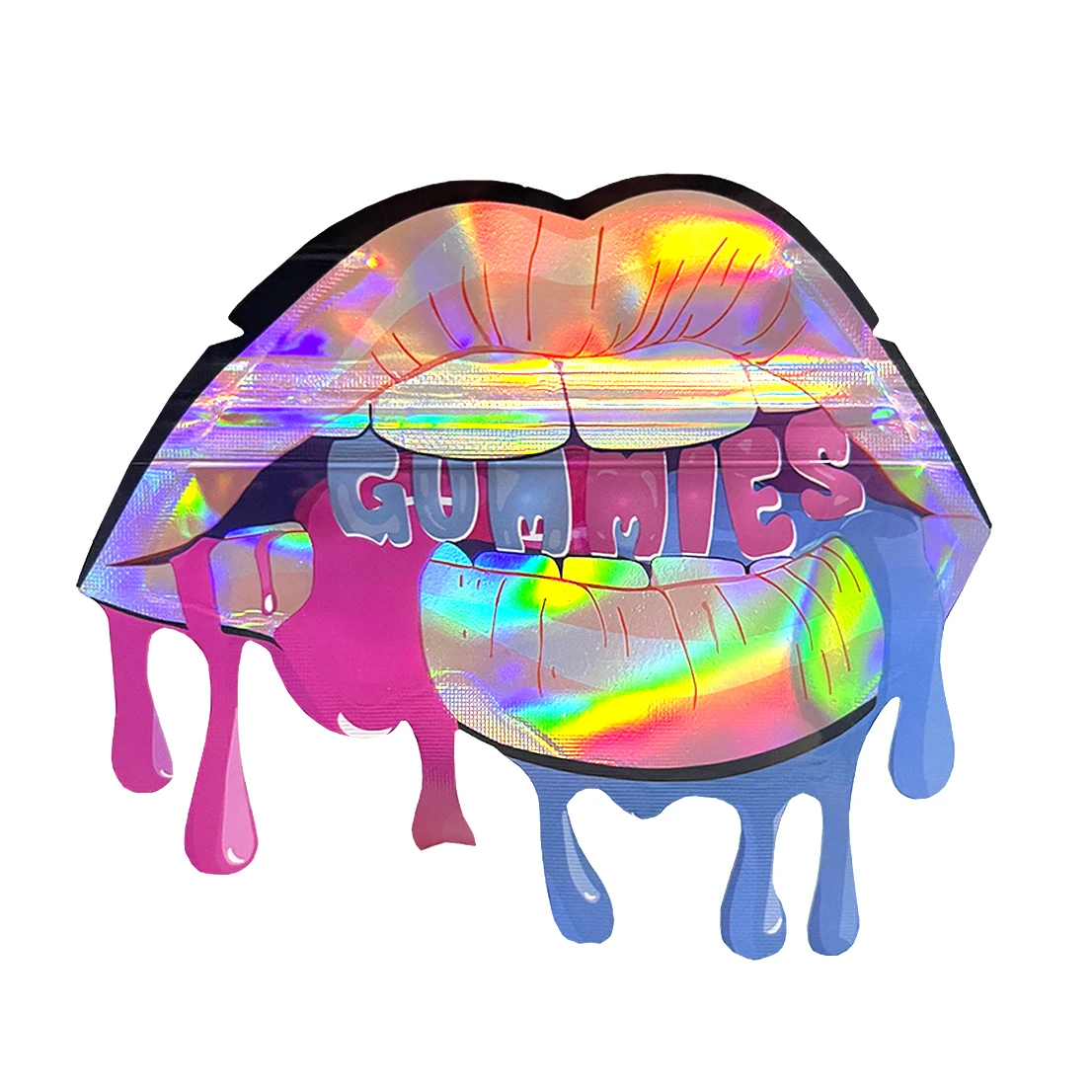 custom shape holographic die cut out custom myler bags 3.5 edible gummy cookie candies soft touch mylar bags