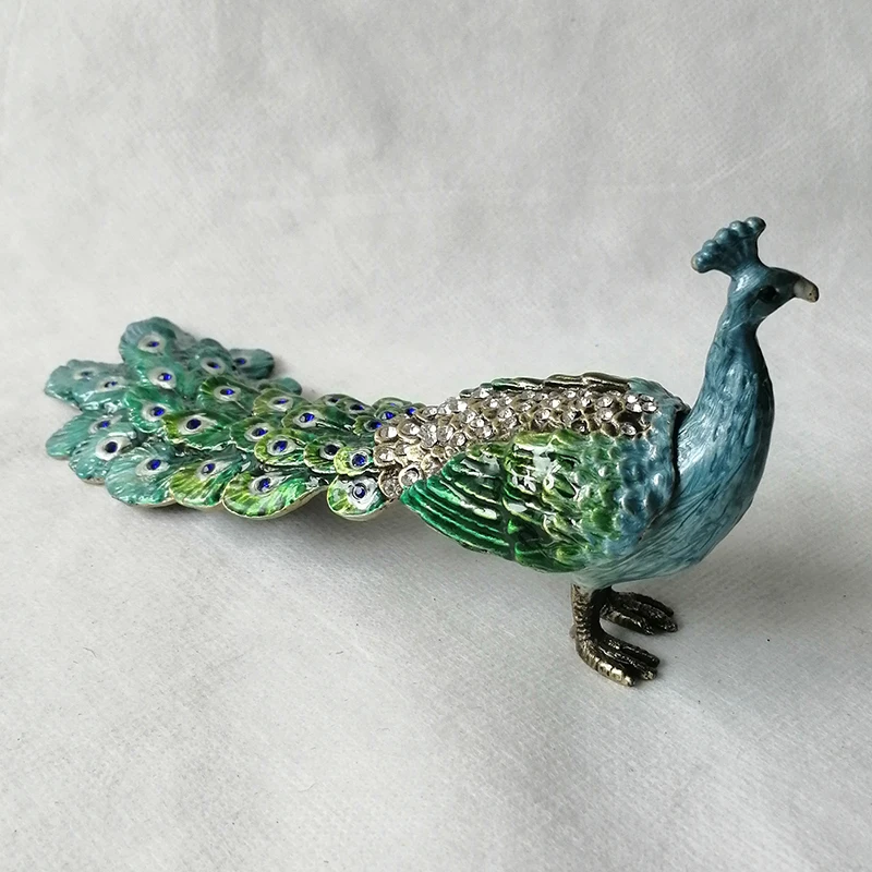 Green Jeweled Peacock Trinket Box Handmade Zinc Alloy Jewelry Box Standing Peacock Statues With Long Tail