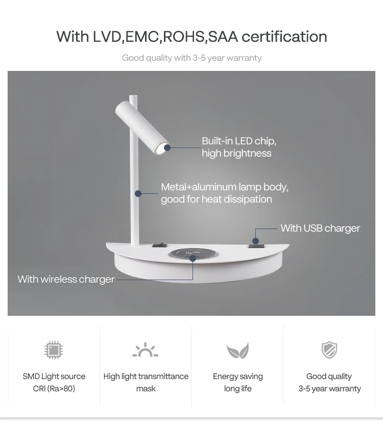 3W Indoor Reading Light USB Rechargeable Bedside Bedroom LED Wall Lamp With Wireless Charging