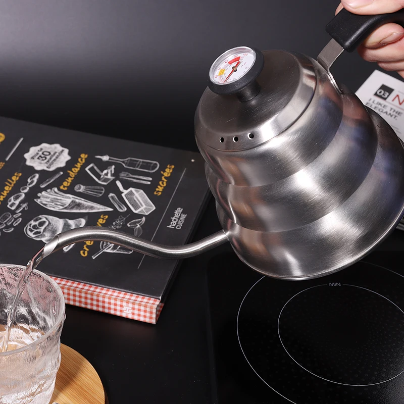 2024 New Designer SUS 201 Family Big Capacity Party 1200ml Temperature test Thermometer Flask Coffee Kettle Pot Stainless Steel