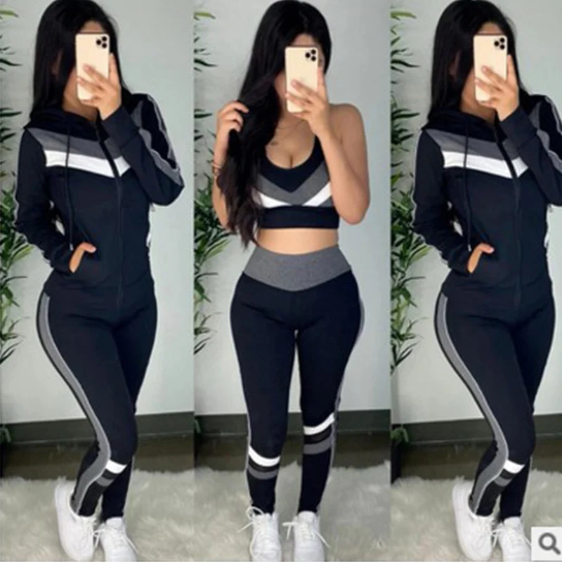 Hoodie Wholesale Spring Autumn Color Contrast Drawstring Hoodie 3 Piece Sets
