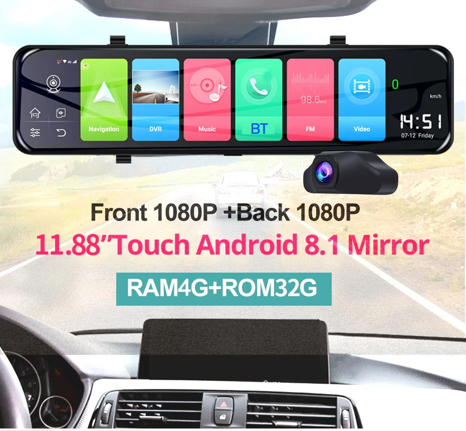 Автомобильный видеорегистратор 4G GPS-навигация сенсорный экран 12 дюймов автомобильная камера зеркало заднего вида Android 8 1 BT Wi-Fi