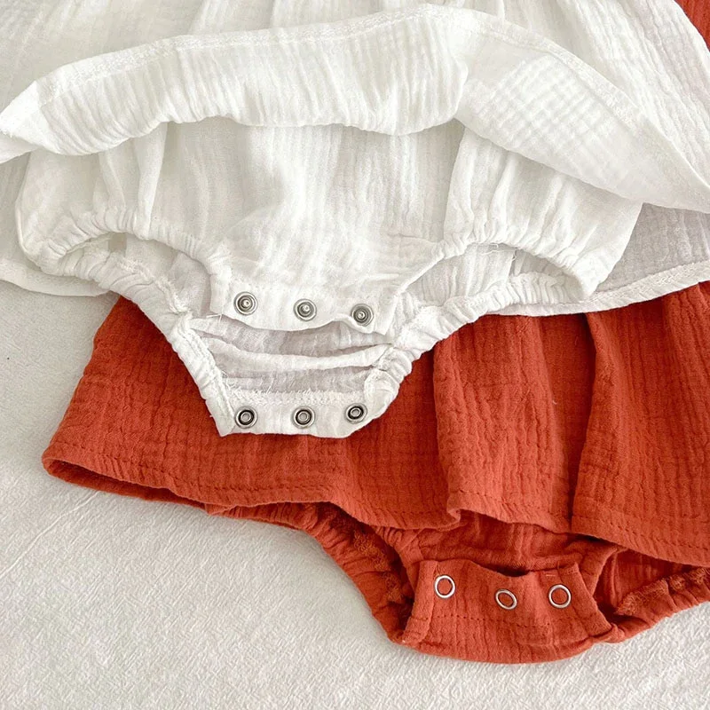 Summer baby girls flying sleeve suspenders stretch button pure color crepe frilly dress romper kids bodysuit
