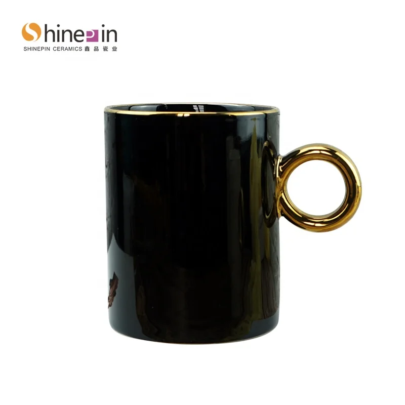 Hot Wholesale  black Glaze Customized Ceramic Mug For Your Logo  With Gold rim and  Circle Handle Cups