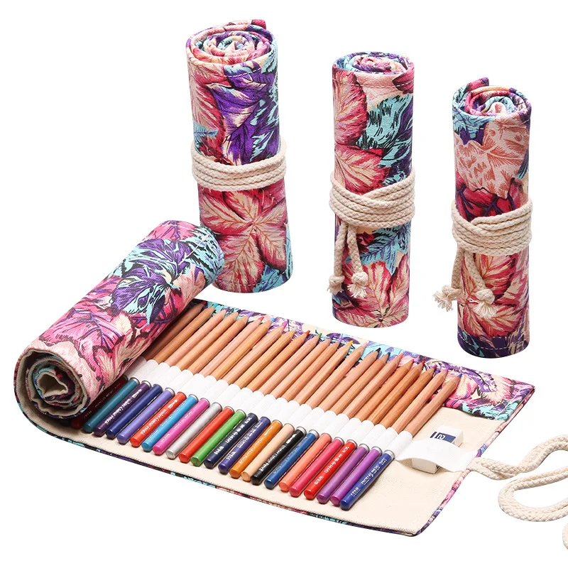 Wholesale 36 Holes Capacity Colorful Plain Canvas Pencil Roll Case