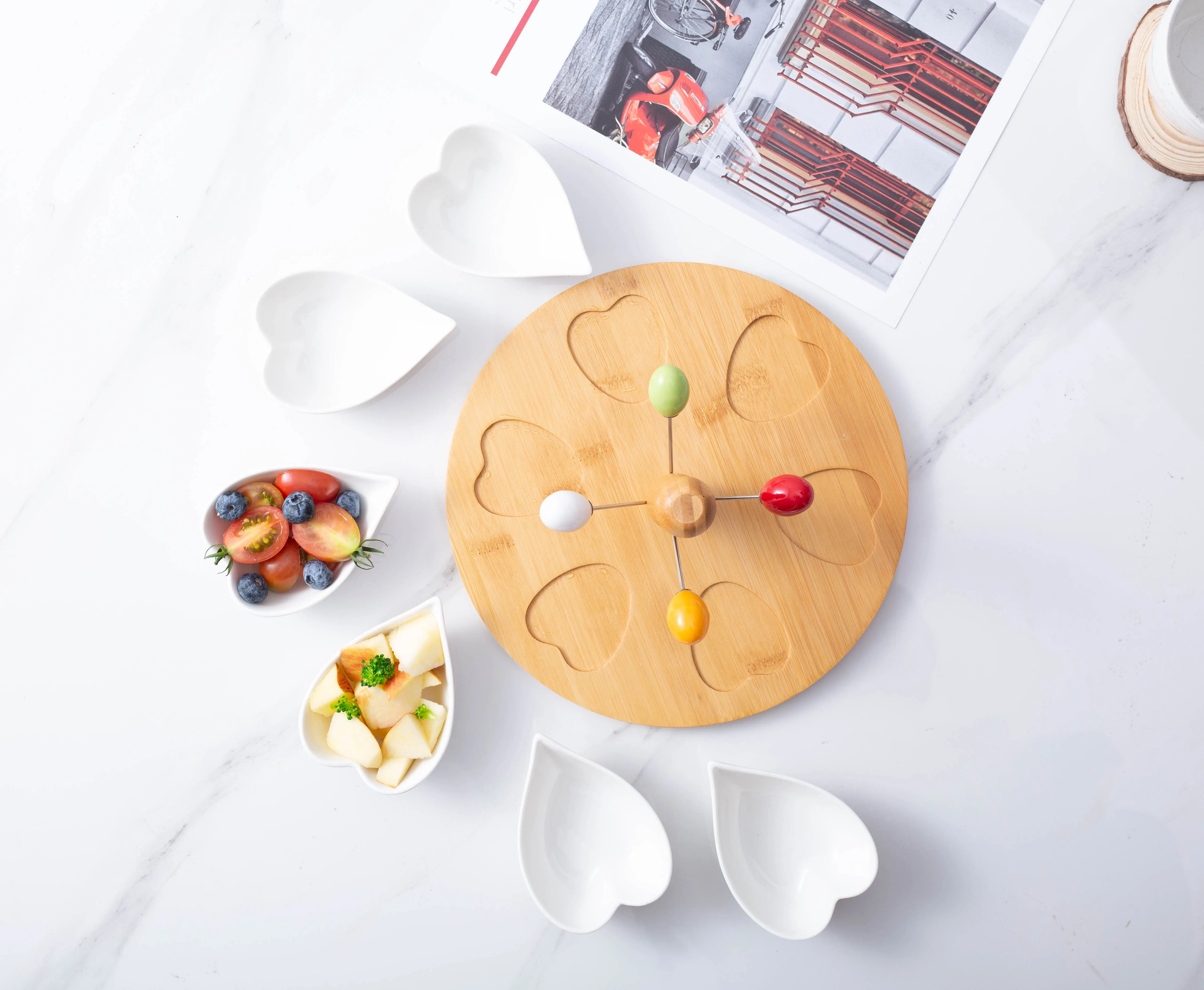 Separated dry fruit compartment tray water droplets shape white ceramic snack tray