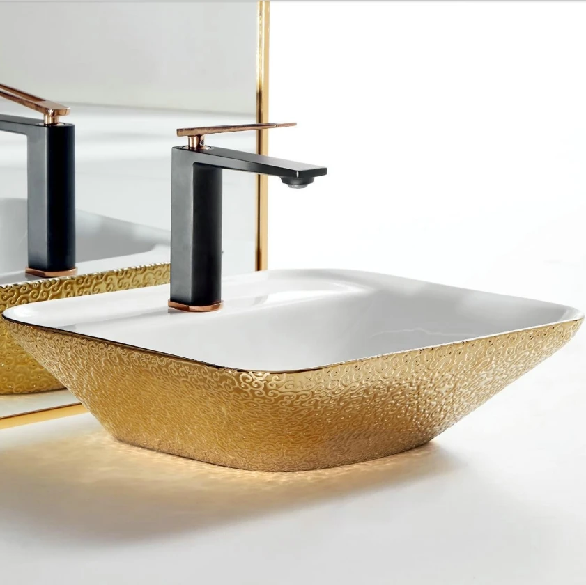 New Bathroom Table Top Rose Gold Colored Ceramic Wash Basin Sink For Hotel With decoration on ceramic