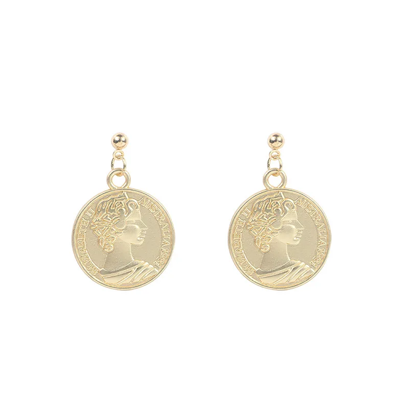 Hong Kong Style Retro Gold Coin Earrings Temperament Geometric Pearl Cool Wind Celebrity Lucky Coin Earrings For Women