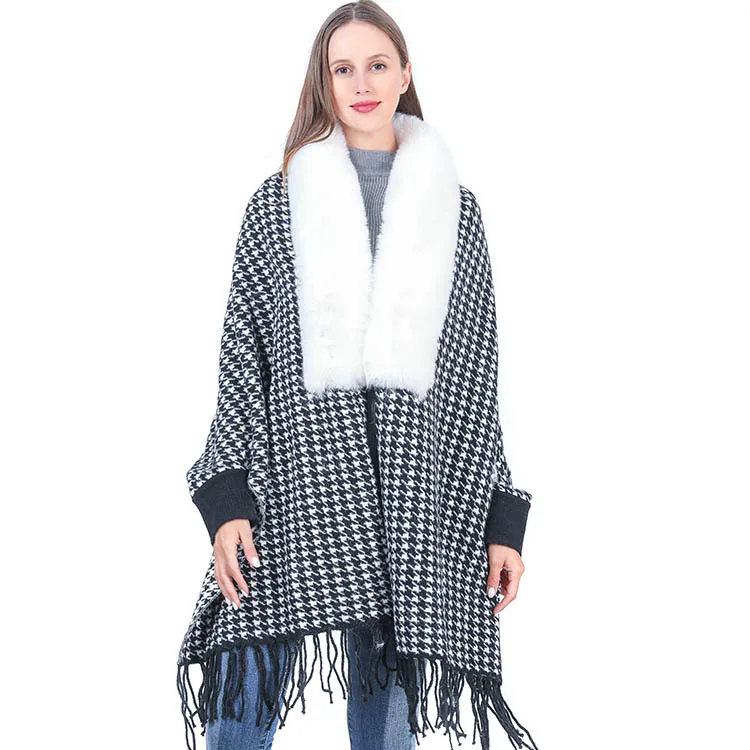 Luxury Winter Wool Collar Imitation Mink Shawl Long-sleeved Tassel Scarf Shawl Knitted Jacquard Cloak