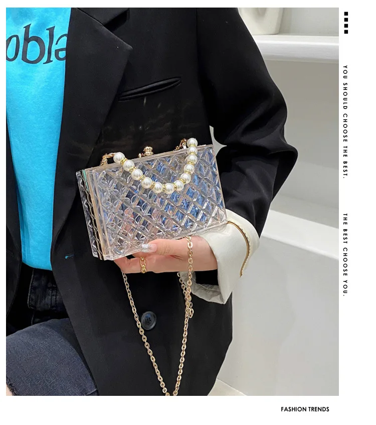 Fashion Square Box Clear Acrylic Evening Bag Mini Oblique Shoulder Metal Chain Purses Transparent Pearl Handle Crossbody Handbag