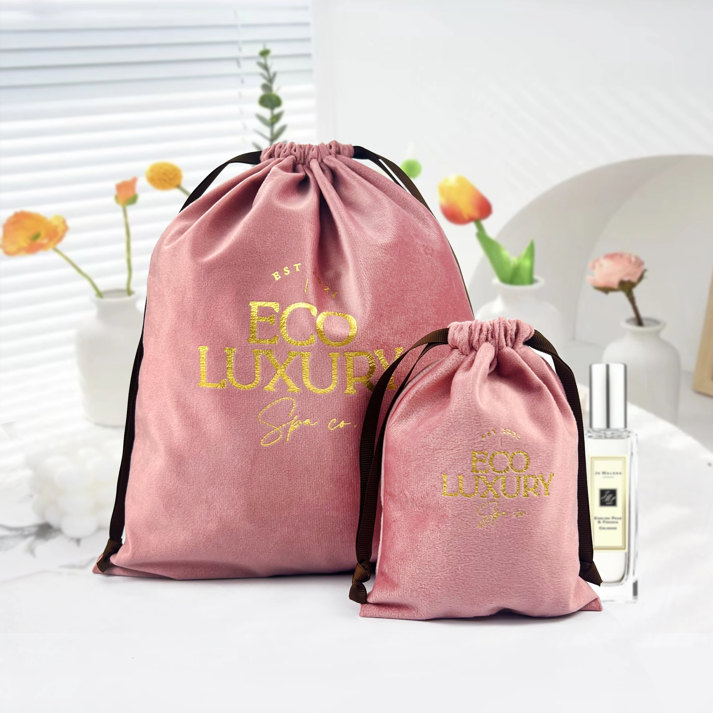 Custom Logo Gold Stamping Printed Plush Cotton Velvet Jewelry Pouch Soft Gift Packaging Drawstring Dust Bag