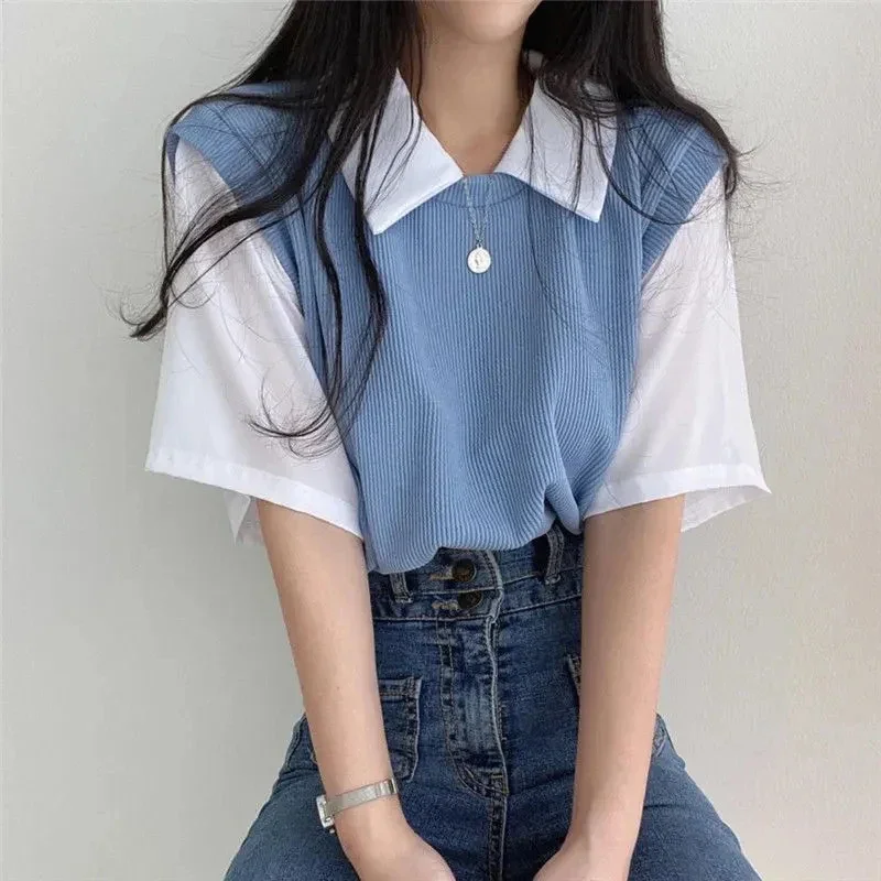 Summer Patchwork Two Piece T Shirt Women Fashion Chic Turn Down Collar Top Korean Casual Preppy Style Short Sleeve Blouse