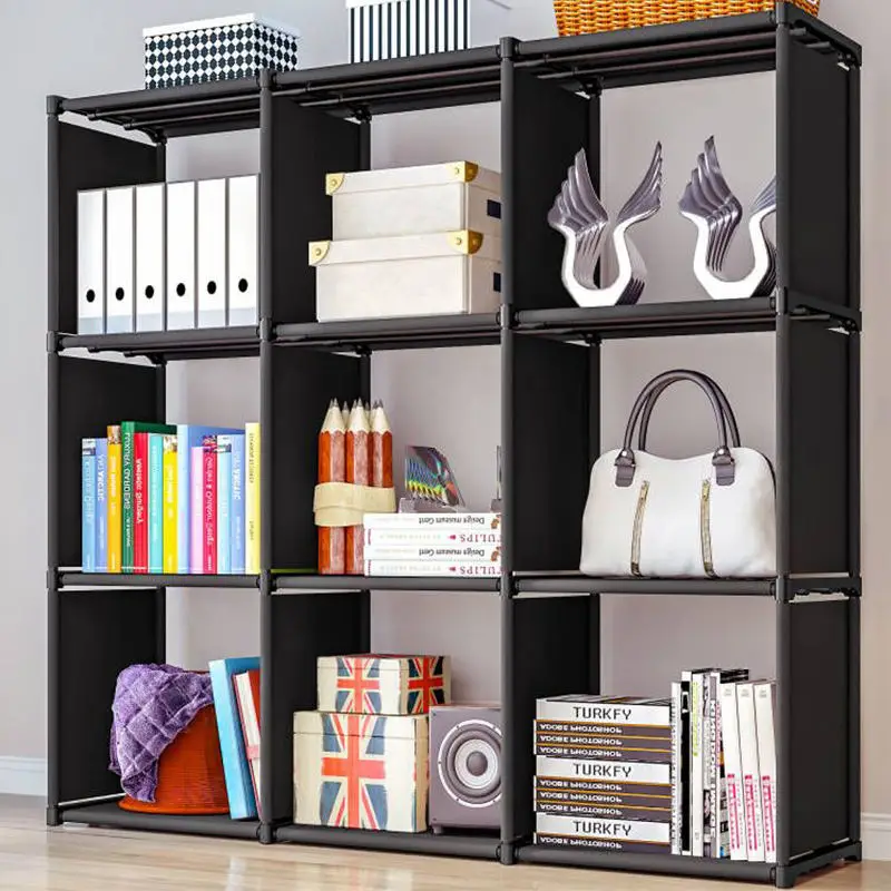 Suoernuo Household Black Living Room Bookshelves Diy Non-woven Fabric Storage Ladder Cabinet Bookcase