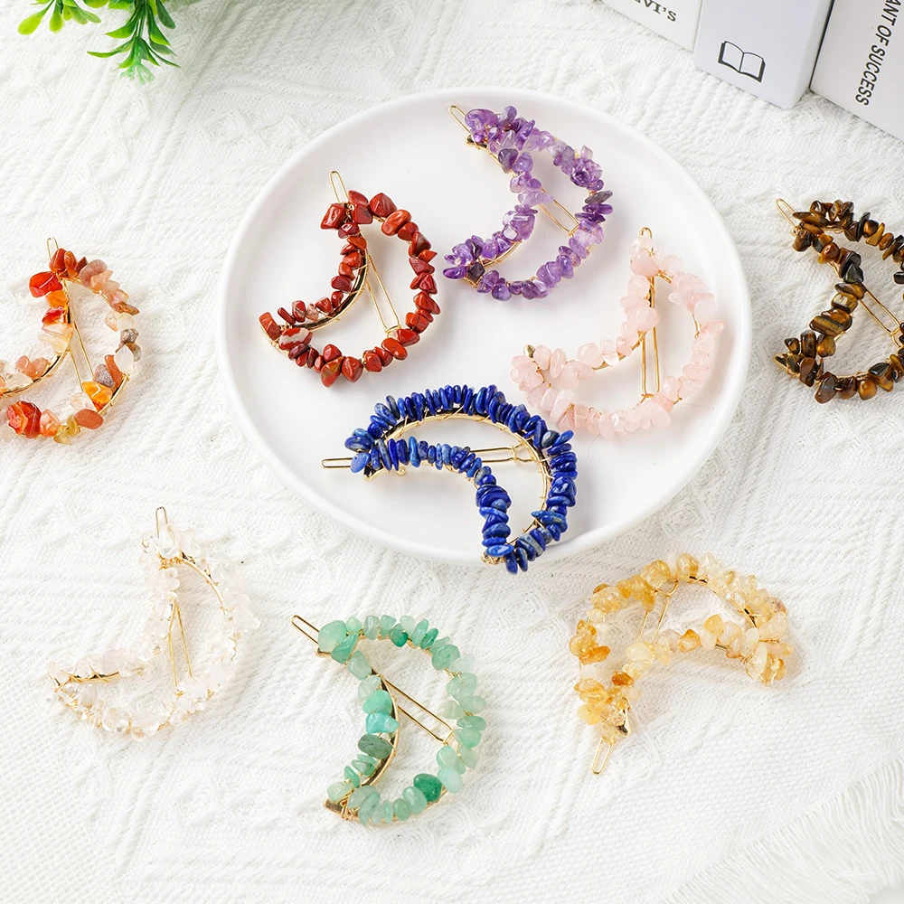 Women Girls Cute Colorful Natural Stone Crystal Gravel DIY Moon Hairpin Decoration Sweet Hair Clips Fashion Hair Accessories