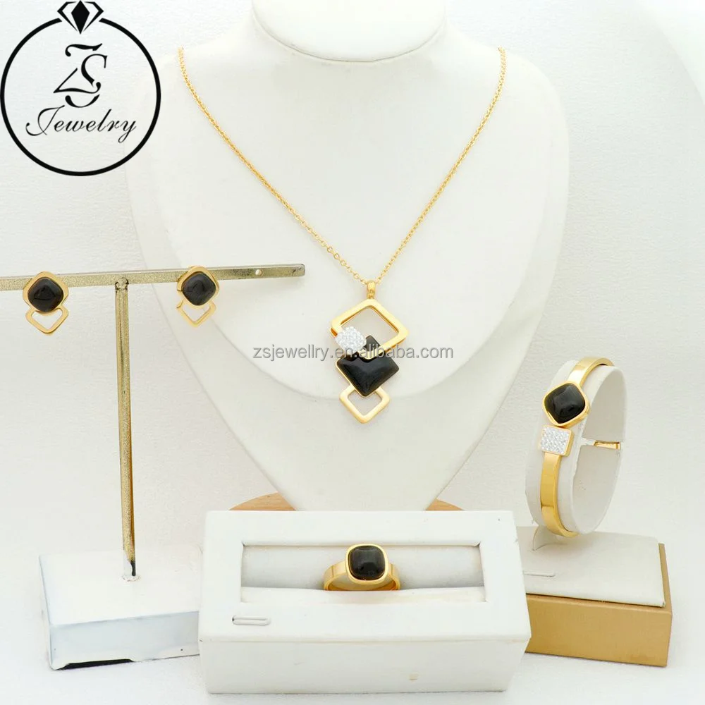 Md Jewelry African Stainless Steel Gold Plated Women Earrings Zircon Diamond Girl Gift Natural Stone Jewelry Sets
