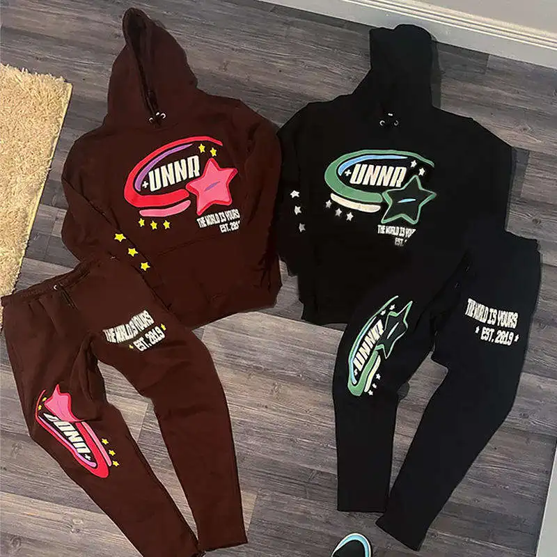 QYOURECLO Custom Logo Puff Print Sweatsuit Two Piece French Terry Jogging Suit Pullover Unisex Jogger Hoodies Tracksuits For Men