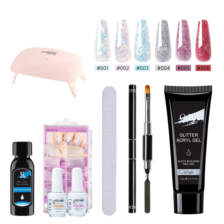 Wholesale 6 Colors Glitter Poly Acrylic Uv Led Gel Nail Polish Nail Extension Kit Set With Uv Led Lamp