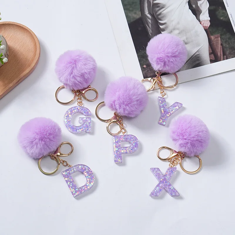 Soft Pom Pom Balls Keychain Fashion Letter Acrylic Keyrings Bag Decoration Car Key Accessories Anti-Lost Key Chain Custom Logo