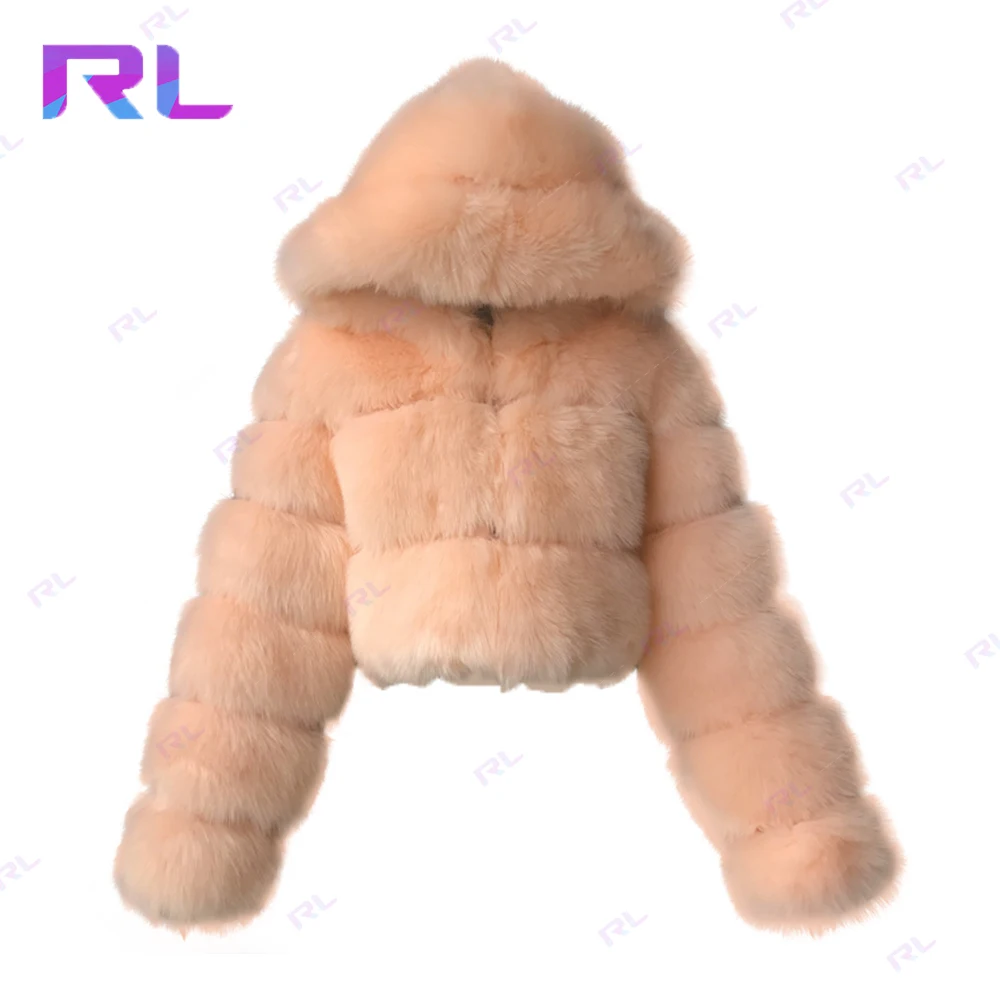 Winter Warm Solid Zipper Up Cropped Short Style Plus size Fur Hooded Jacket Women Fur Jacket for Ladies
