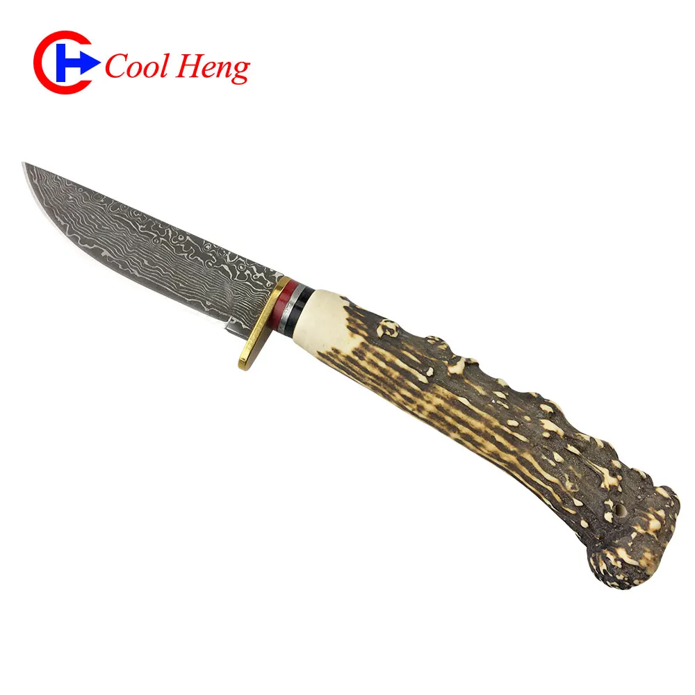 Wholesale CH1606 Damascus steel pattern+Simulated antlers handle Outdoor camping hunting knife Fixed edge knife