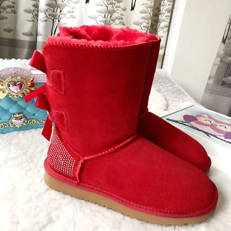 2024 Famous Wholesale Fashion Ladies Sheepskin Women Winter Snow Ribbon Fur Boots with Bows