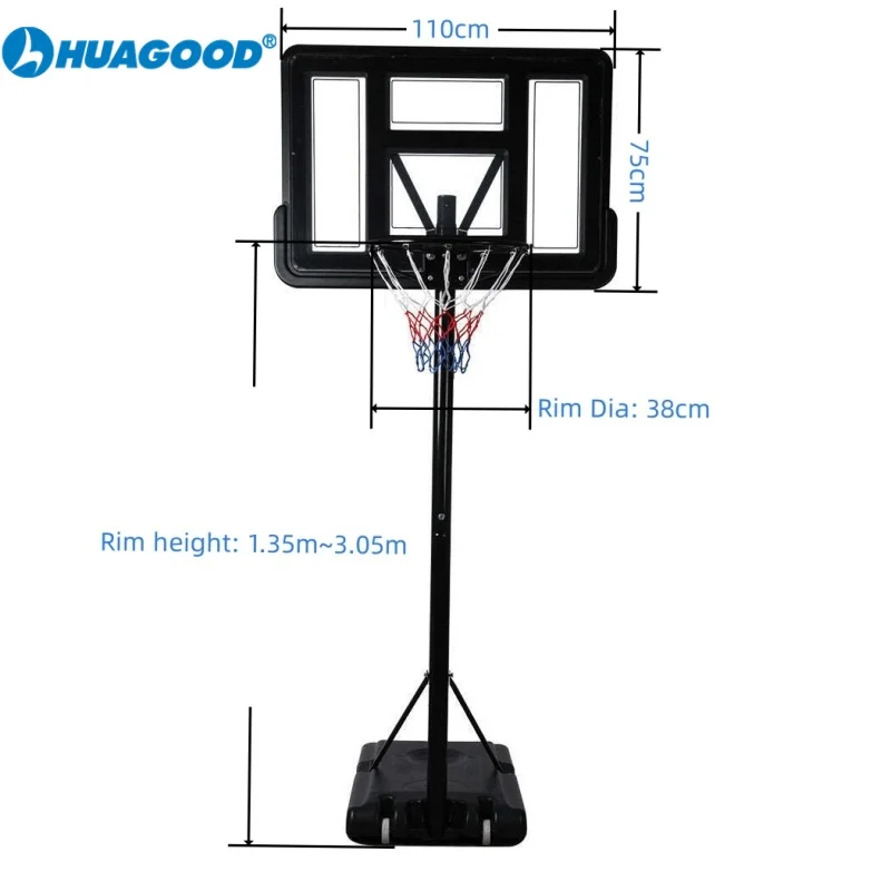 Height Adjustable 3.05m Backboard Portable Free Standing Basketball Hoops Net System on Wheels