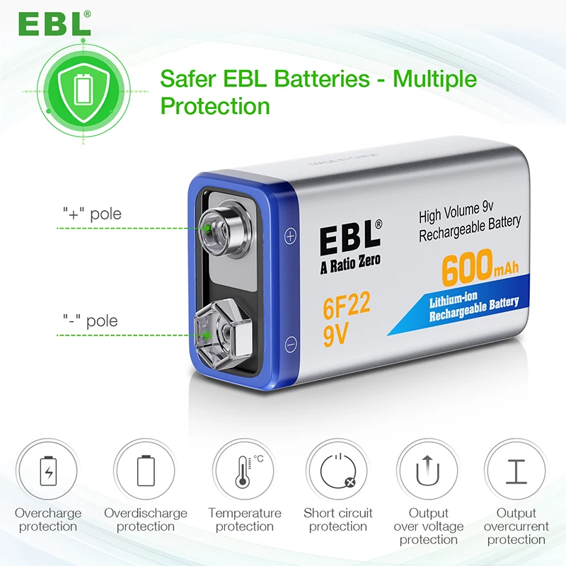 Аккумуляторная батарея EBL 9v литий-ионные батареи 600mAh литиевая аккумуляторная для дымовых сигналов