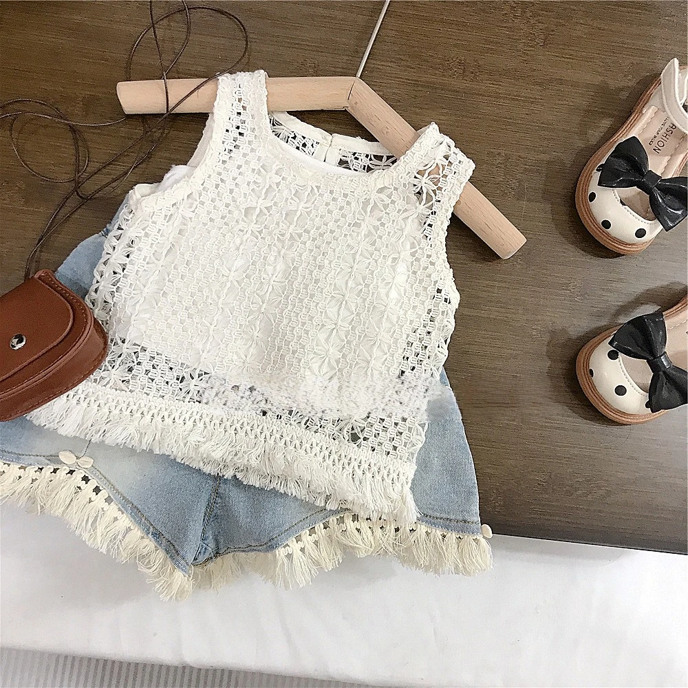 Baby girl clothing sets summer new fashion lace cover up kids clothing vest denim shorts soft baby suits two-piece set