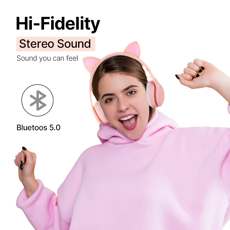 Flash Light BT Cute Cat Ear Blue tooth Headphones Wireless with Mic Stereo Foldable Kids Music Earphones Headset For Gift